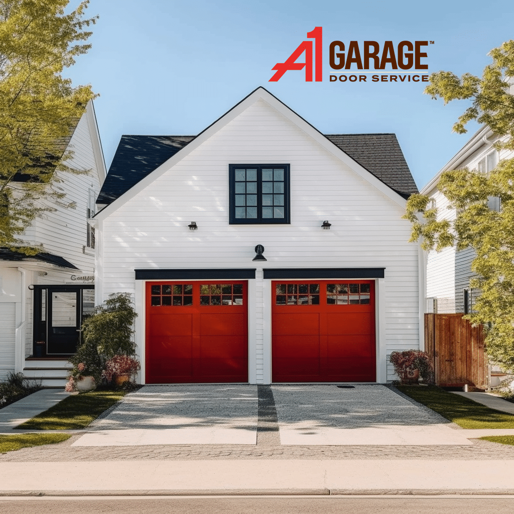 red garage doors on white house with black trim