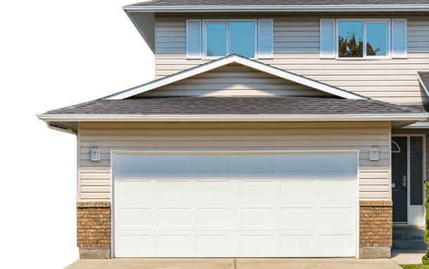 stucco and brick home with white garage door